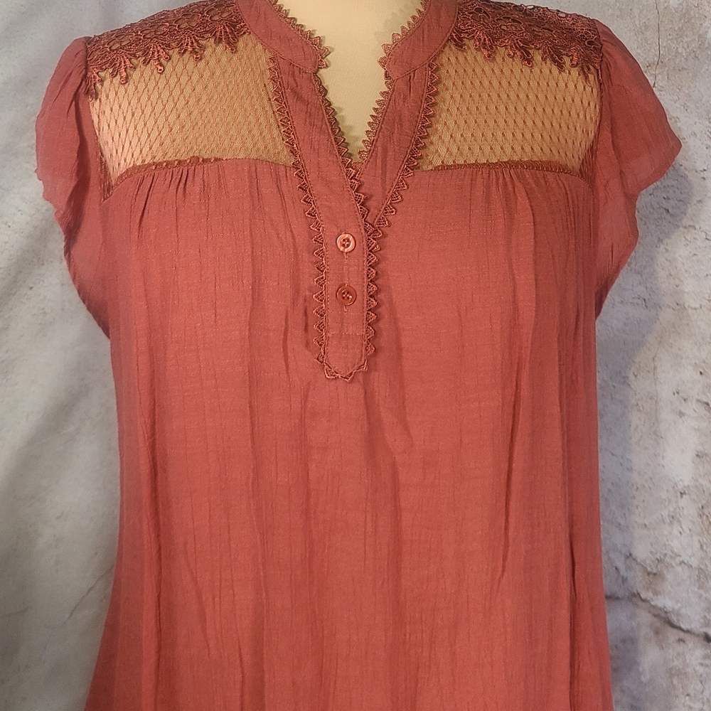 Perch By Blu Pepper Rust Terracotta Blouse Lace Top Cap Sleeve 2XL - Picture 3 of 4